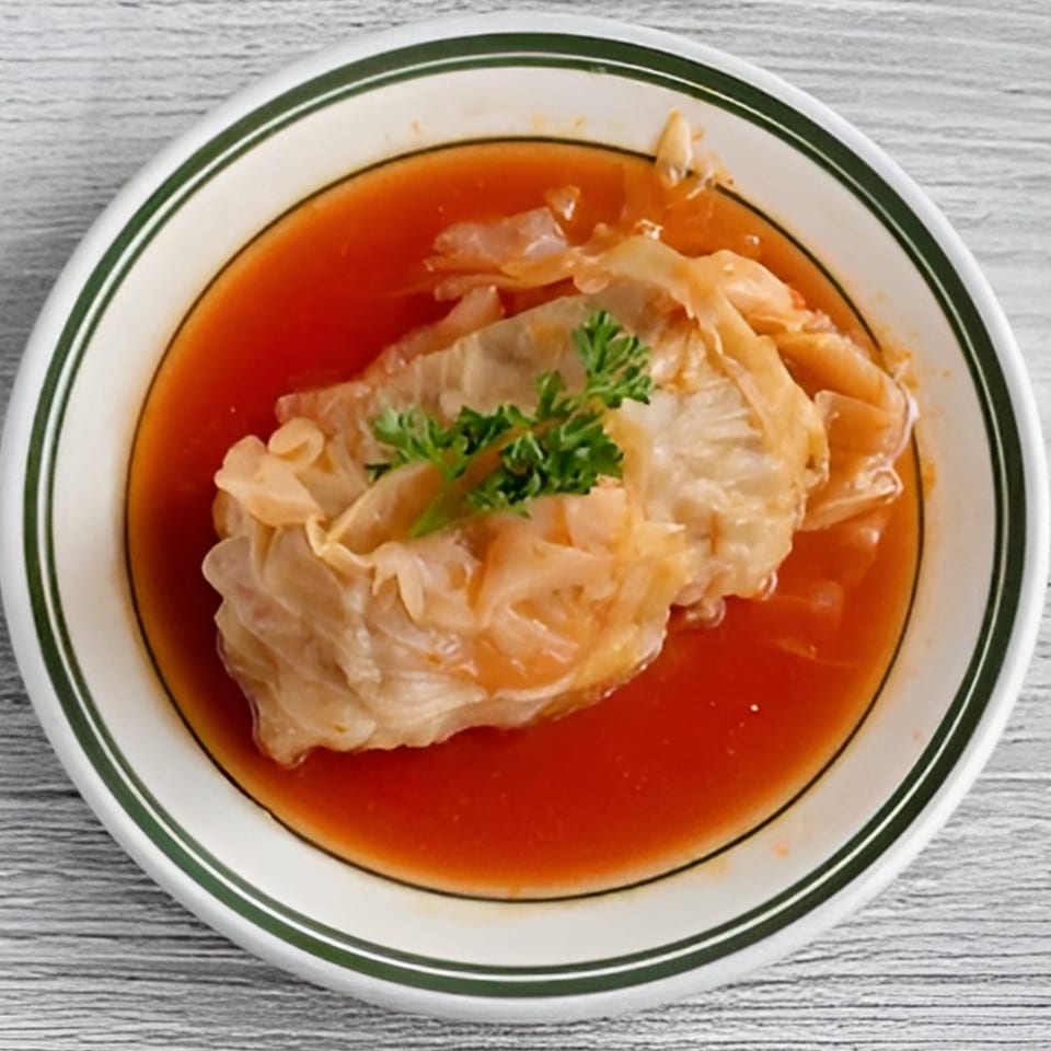 A single stuffed cabbage roll, garnished with parsley, in a bowl of tomato sauce.
