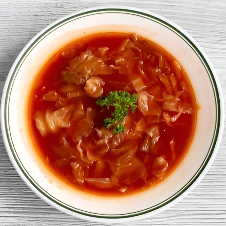 A white bowl with green trim filled with red cabbage soup, garnished with parsley.