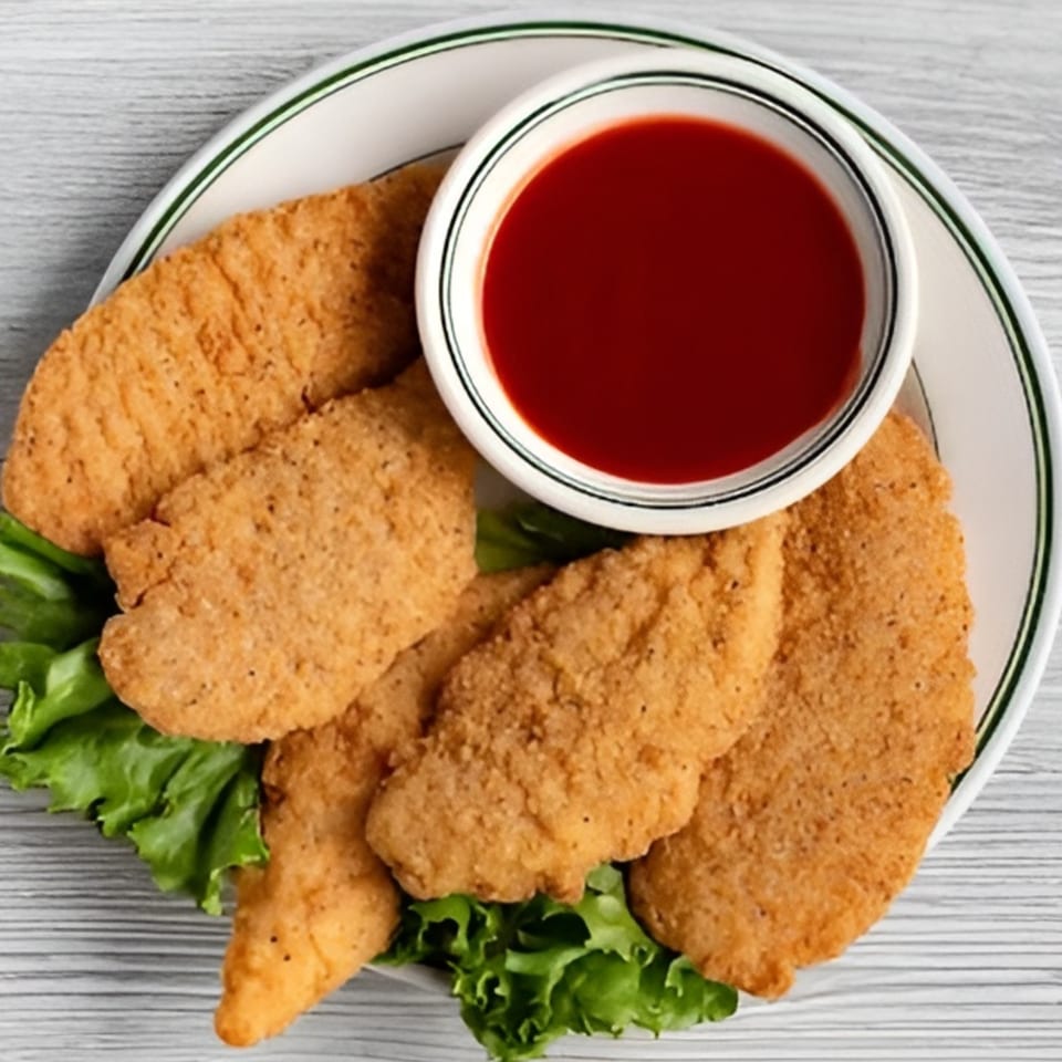 Crispy chicken tenders on a bed of lettuce with a side of red dipping sauce.